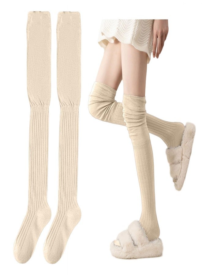 huablo Women's Fashionable Over - Knee Boot Socks Slouch - Top Knit Design High Socks Ideal for Over - Calf to High - Thigh Wear Apricot - Image 1